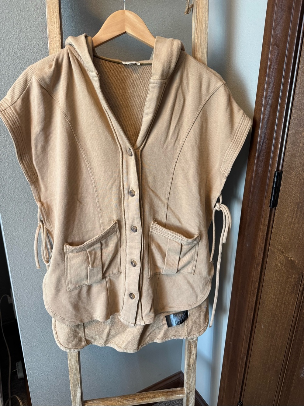 Pilcro Tan Hooded Short-Sleeve Button Front Vest